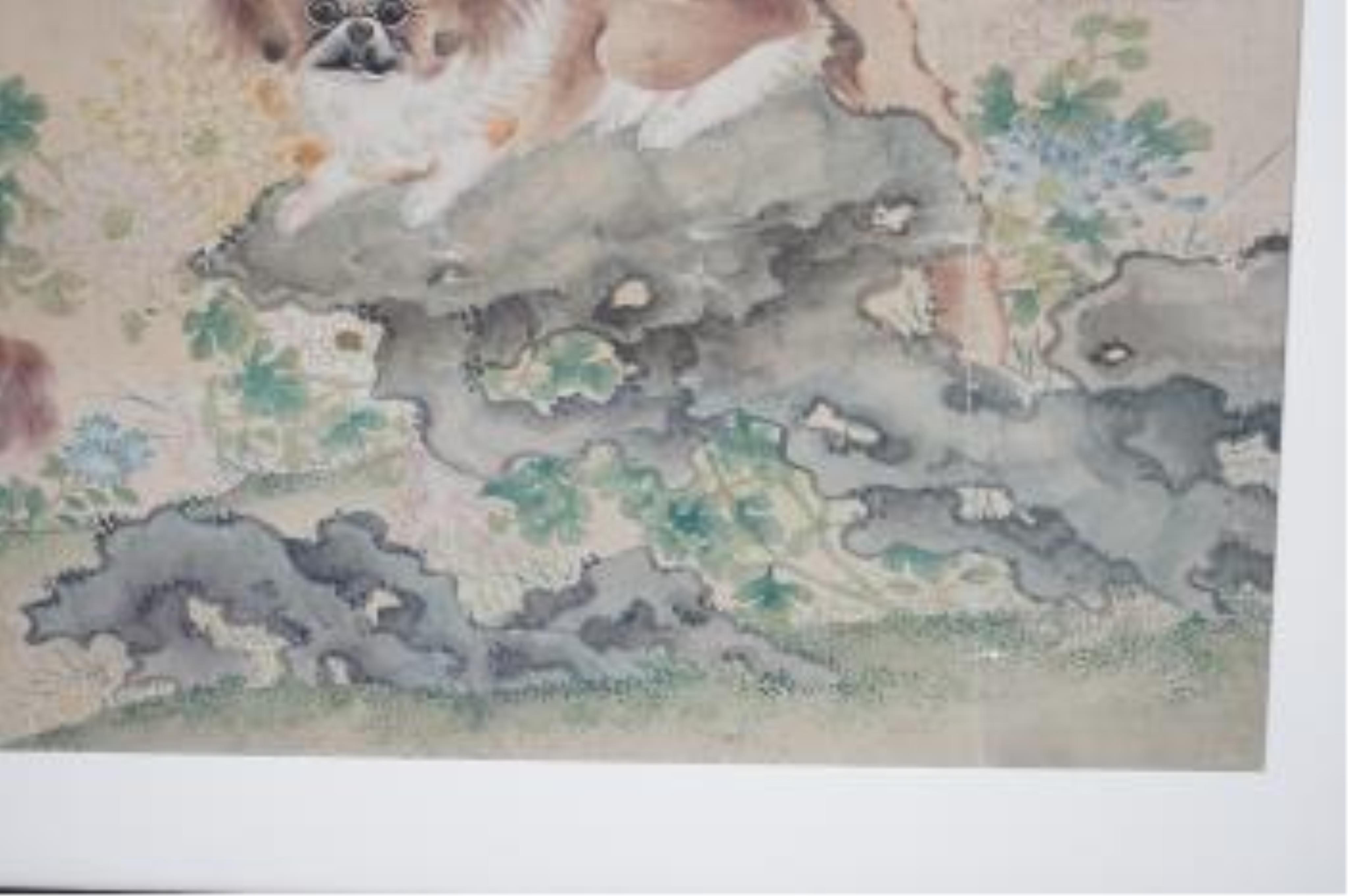 Late 19th/early 20th century, Chinese school, ink and colour on paper, Chi dogs in a rockwork garden, unsigned, 59 x 105cm. Condition - poor